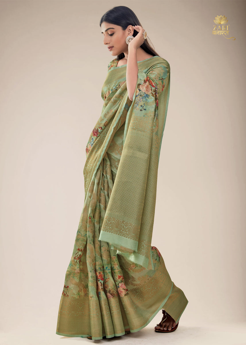 Lily Green Woven Banarasi Cotton Silk Saree With Digital Print