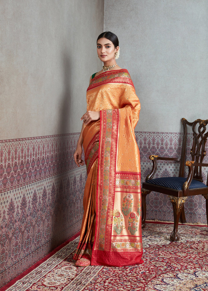 Maharani: Banarasi Brocade and Meenakar Saree in Shades of Orange with Mughal Buta (6891514265793)