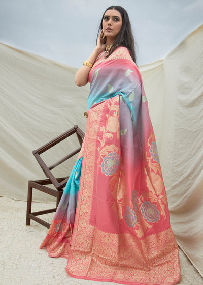 Alluring Blue And Pink Gorgeous Shaded Woven Banarasi Saree (5668159586455)