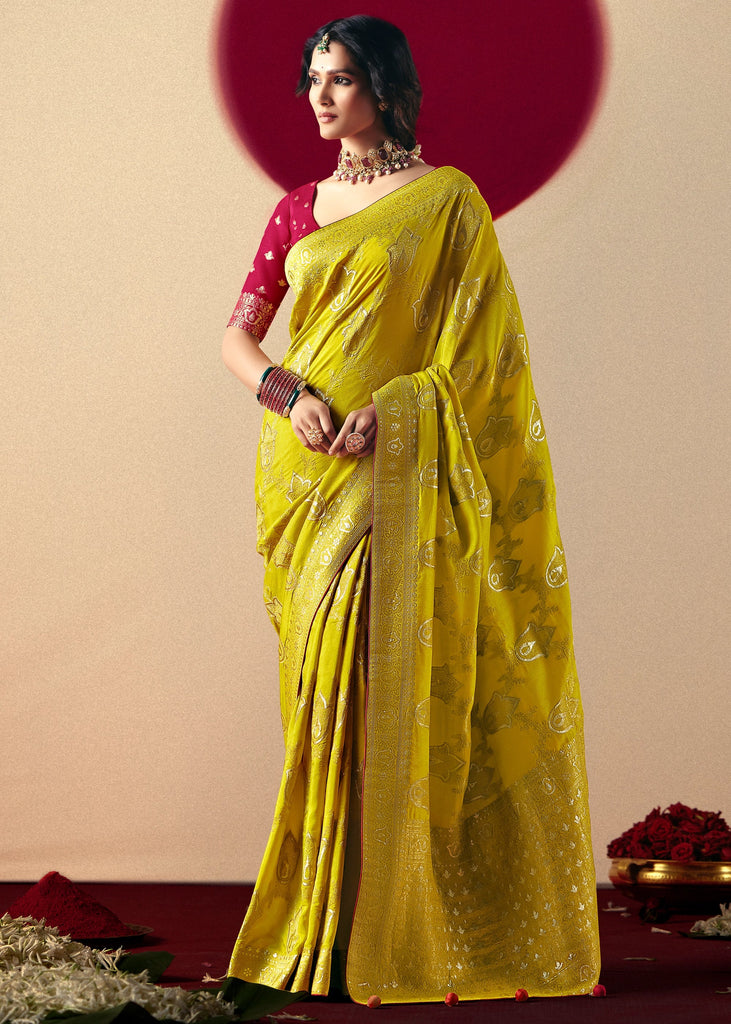 Blazing Yellow Woven Banarasi Silk Saree
