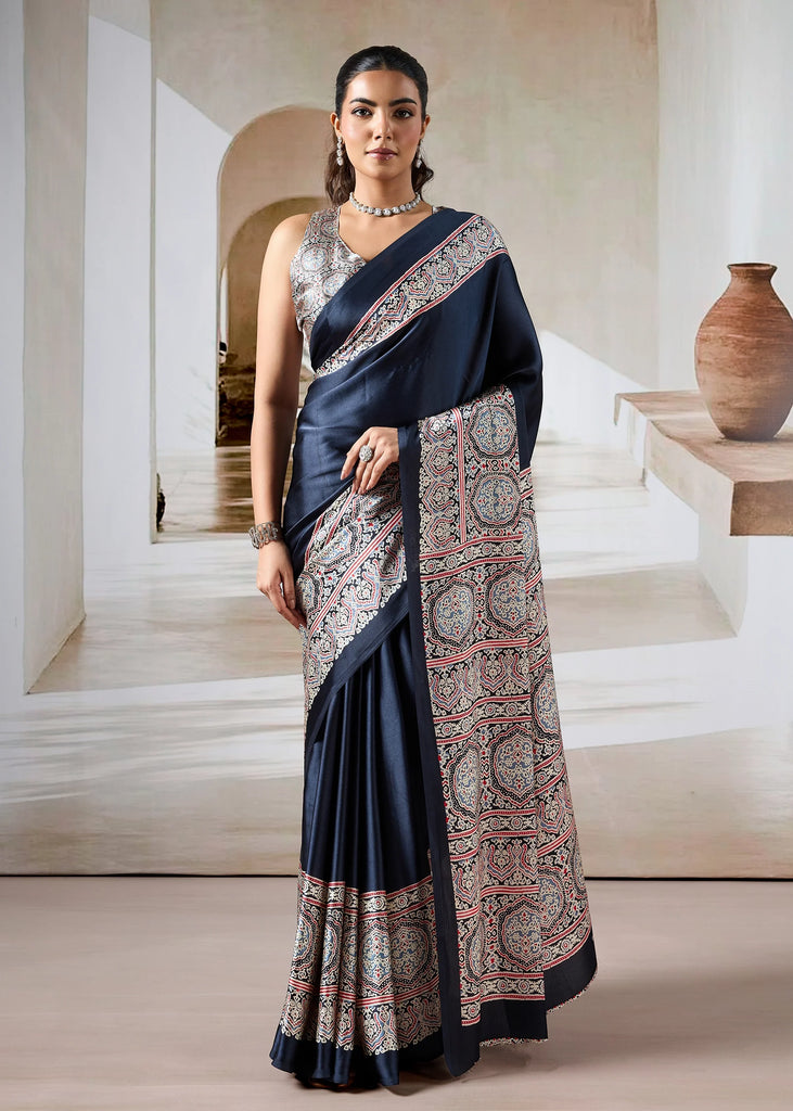Medieval Blue Printed Satin Silk Saree