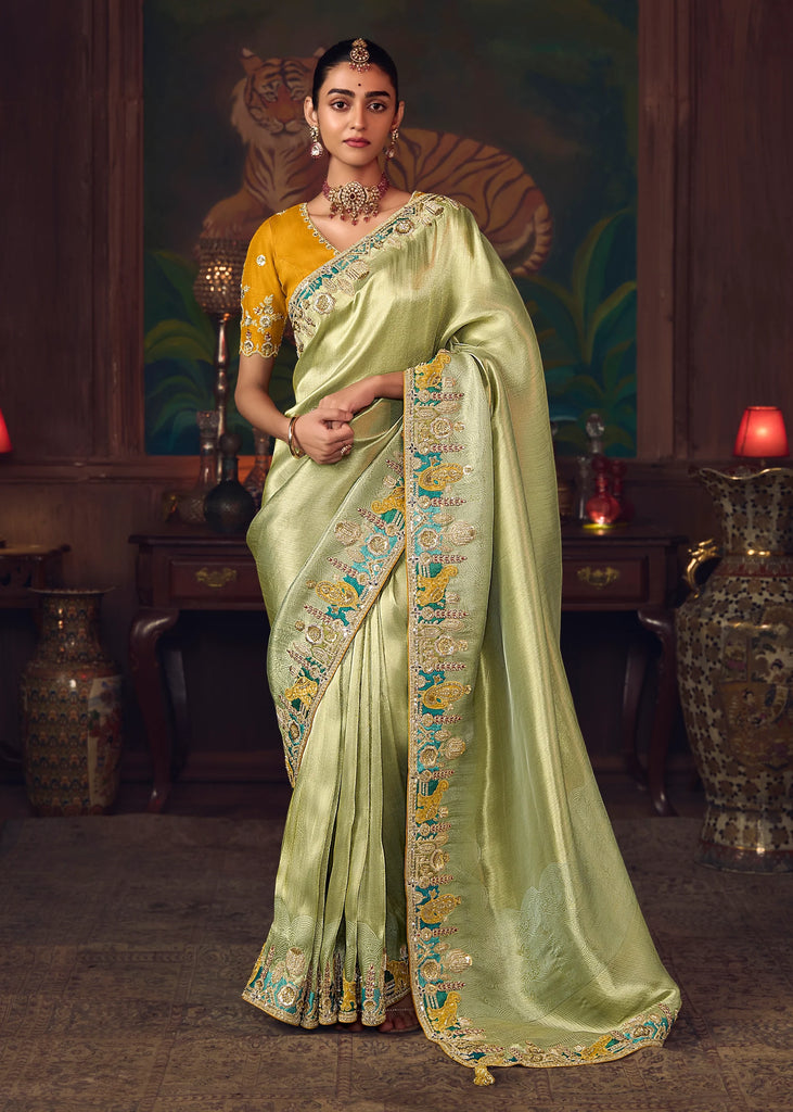 Pista Green Woven Embroidered Saree
