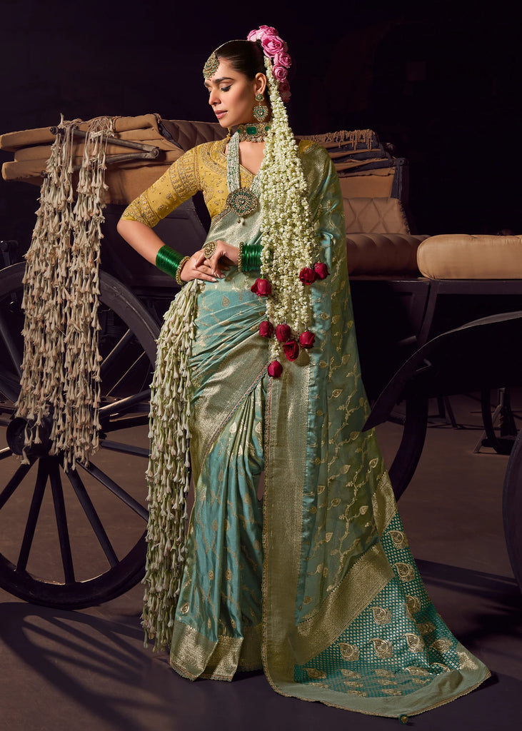 “Exclusive Offer” : Angel Blue Woven Banarasi Satin Silk Saree