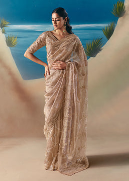 Beige Satin Organza Embroidered Saree