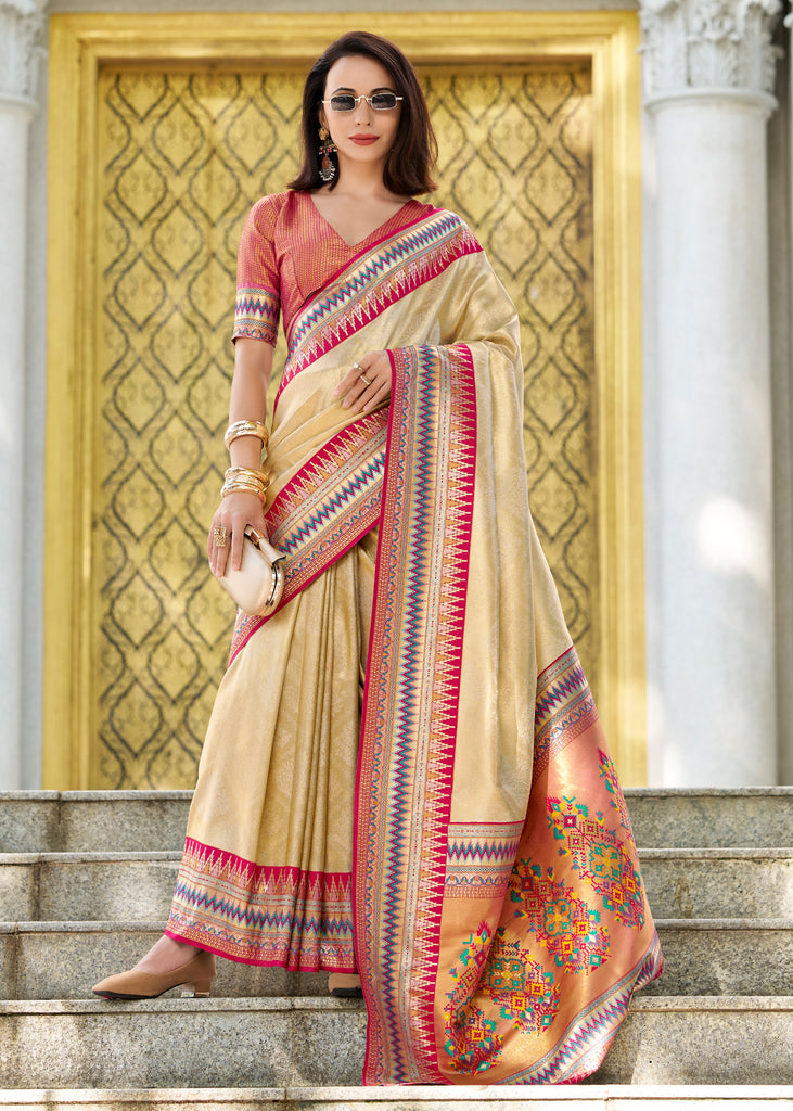 Elegant Beige Tissue Banarasi Silk Saree with Contrast Border