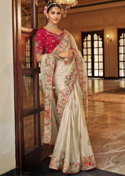 Off White Designer Embroidered Silk Saree