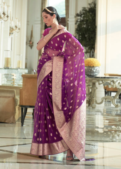 PLUM PURPLE WOVEN ORGANZA SILK SAREE (6918680608961)