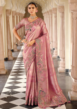 Pastel Pink Designer Embroidered Silk Saree