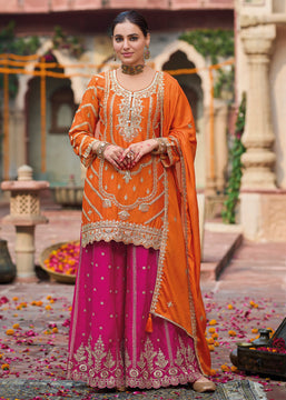 Orange And Pink Embroidered Designer Suit Set