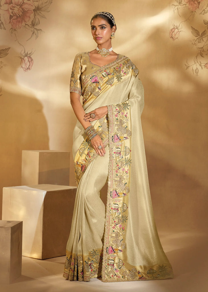 Elegant Cream Designer Embroidered Silk Saree