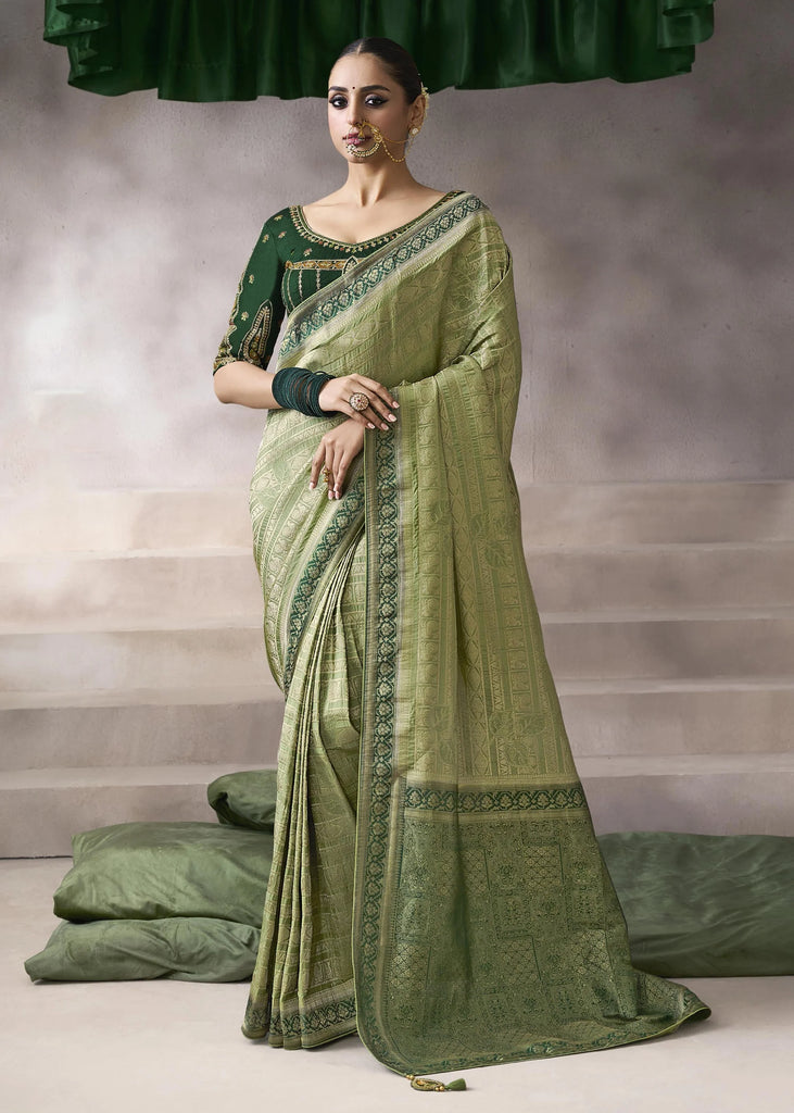 “Exclusive Offer” : Sage Green Banarasi Designer Saree With Embroidered Blouse