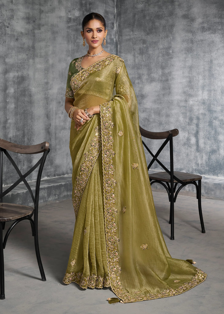 Olive Green Embroidered Tissue Silk Saree
