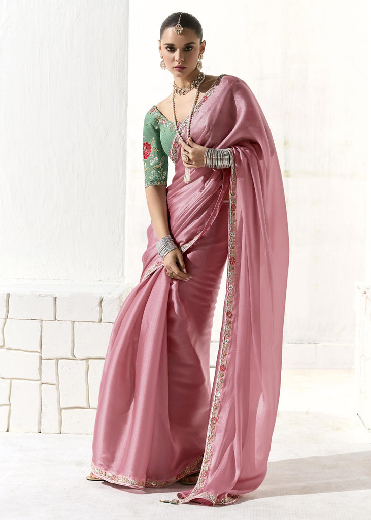Rose Pink Designer Organza Tissue Silk Saree