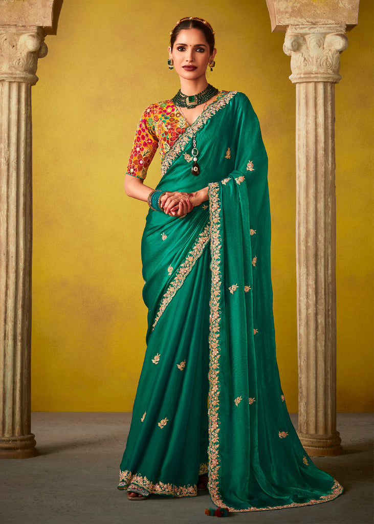 Ultramarine Green Woven Embroidered Chiffon Saree