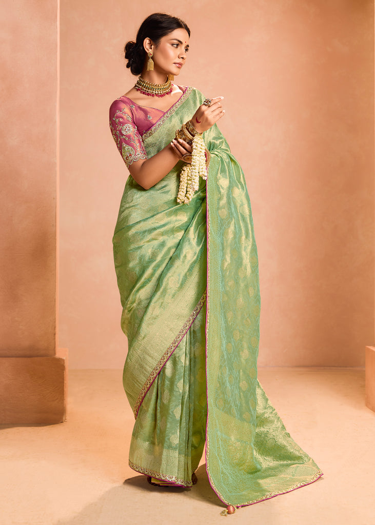 Grass Green Woven Banarasi Designer Tissue Silk Saree With Embroidered Blouse