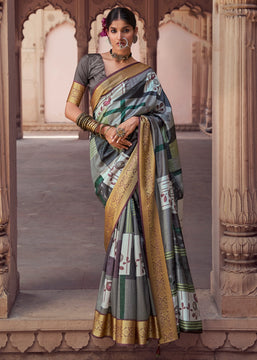 Frost Grey Banarasi Digital Printed Silk Saree