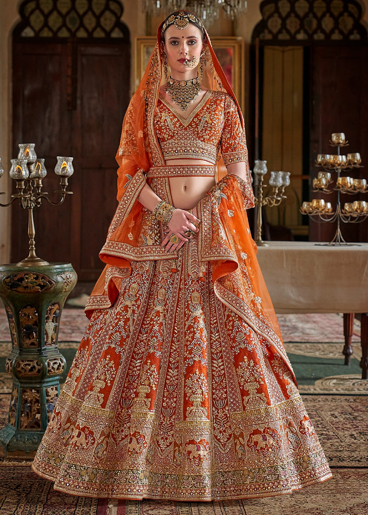 Rust Orange Heavy Embroidered Designer Lehenga
