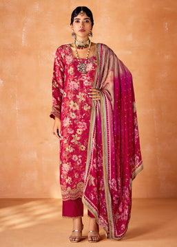 Scarlet Pink Embroidered Suit Set With Floral Print