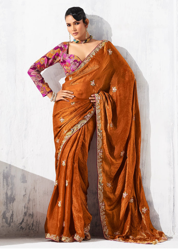 Rust Orange Embroidered Designer Silk Saree