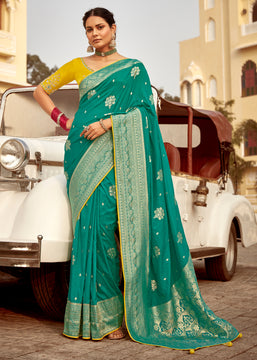 Aqua Green Woven Banarasi Designer Silk Saree With Embroidered Blouse