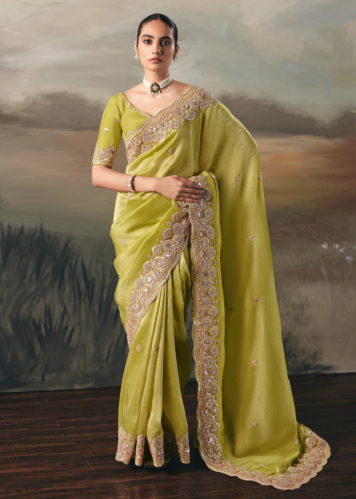 Lime Green Tissue Embroidered Wedding Wear Saree
