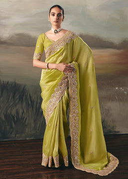 Lime Green Tissue Embroidered Wedding Wear Saree