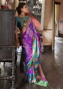 Mystic Teal & Purple Dual Tone Bronze Zari Woven Banarasi Silk Saree