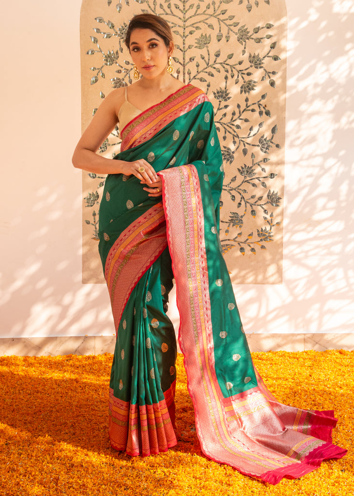 Peacock Bloom: Banarasi Meenakari Saree in the shade of Emerald Green