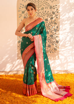 Peacock Bloom: Banarasi Meenakari Saree in the shade of Emerald Green