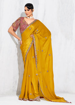 Mustard Yellow Embroidered Designer Silk Saree