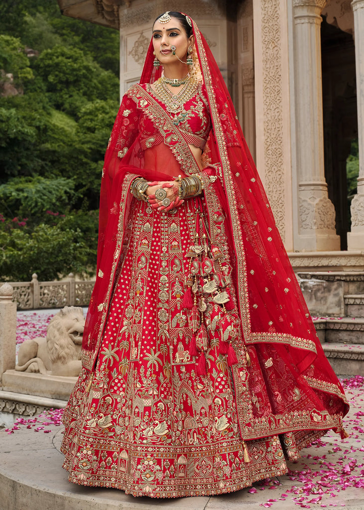 Scarlet Red Heavy Embroidered Designer Lehenga