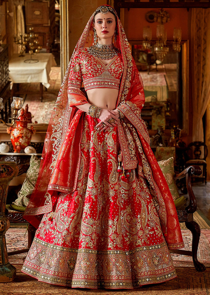 Dazzling Red Heavy Embroidered Designer Lehenga