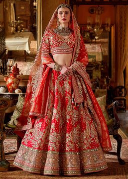 Dazzling Red Heavy Embroidered Designer Lehenga