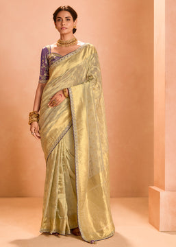 Dusky Cream Woven Banarasi Designer Tissue Silk Saree With Embroidered Blouse