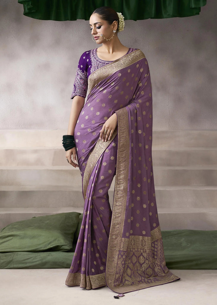 “Exclusive Offer” : Dusky Purple Banarasi Designer Saree With Embroidered Blouse