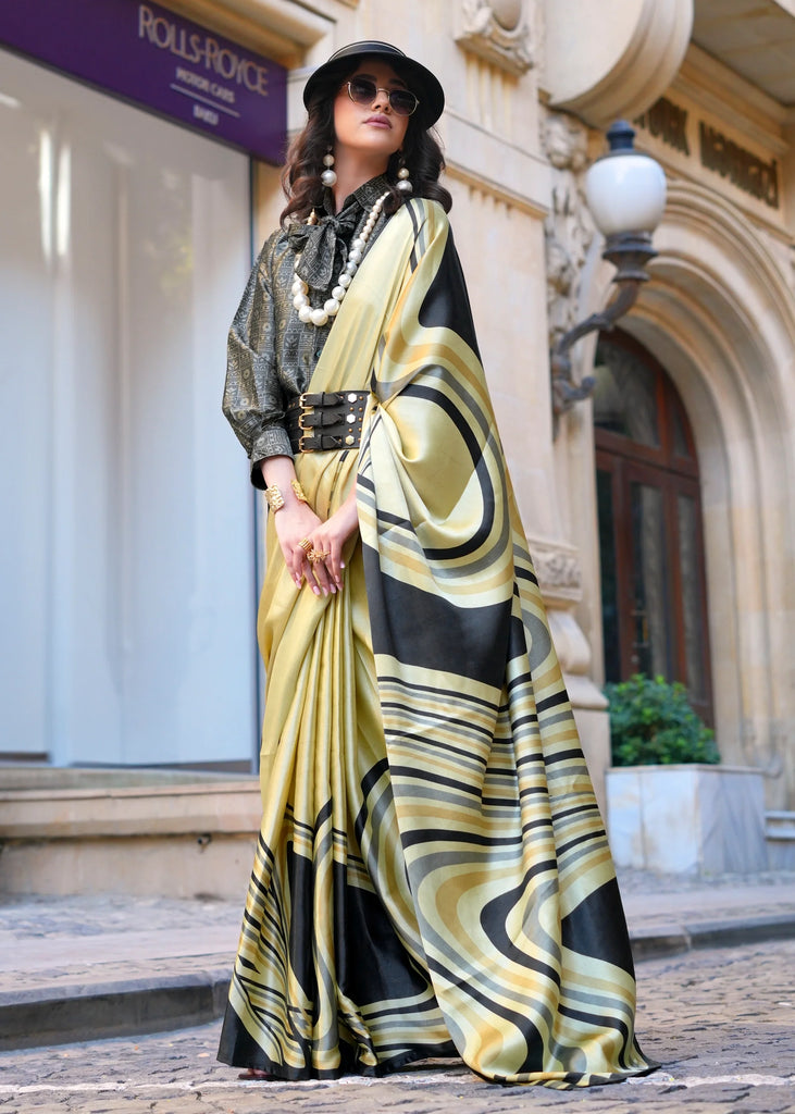 Beige And Black Printed Satin Silk Saree
