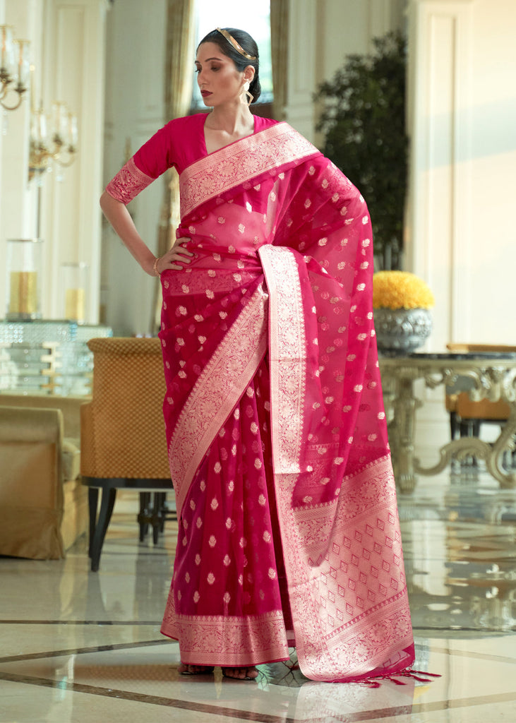 RUBY RED WOVEN ORGANZA SILK SAREE (6918681067713)