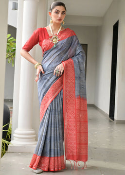 Slate Grey & Red Printed Tussar SIlk Saree