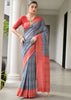 Slate Grey & Red Printed Tussar SIlk Saree