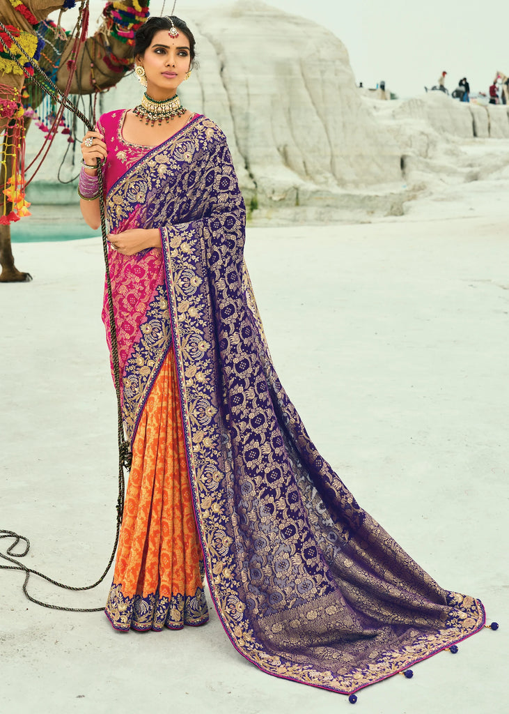 Multicolor Woven Georgette Bandhej Designer Saree