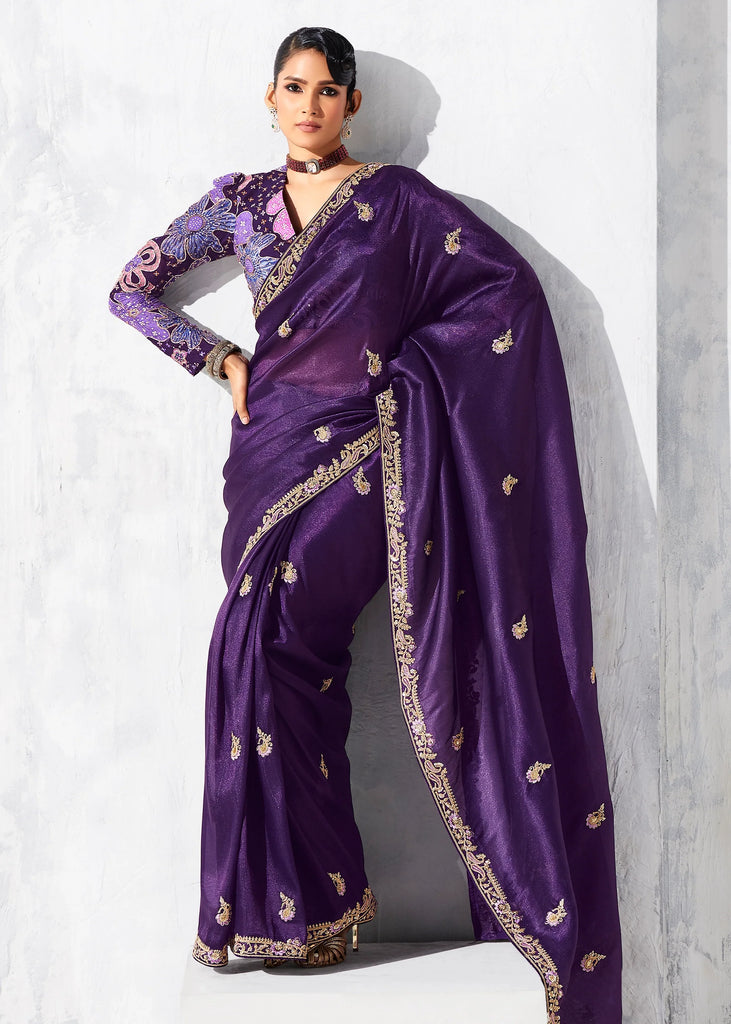 Dark Purple Embroidered Designer Silk Saree