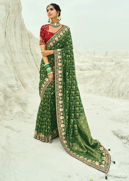 Pine Green Woven Georgette Bandhej Designer Saree