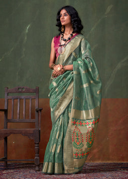 Hedge Green Woven Paithani Tissue Silk Saree