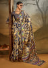 Blue And Beige Printed Satin Silk Saree
