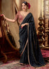 “Exclusive Offer” : Pirate Black Woven Designer Embroidered Silk Saree With Contrast Blouse