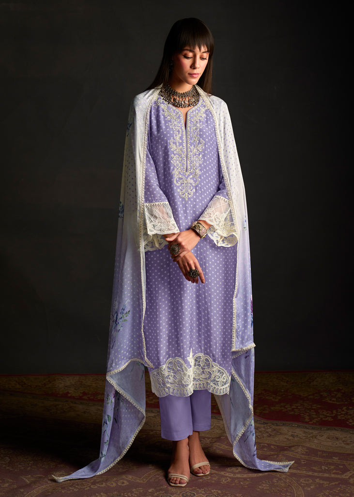 Impression Purple Embroidered Suit Set With Digital Print