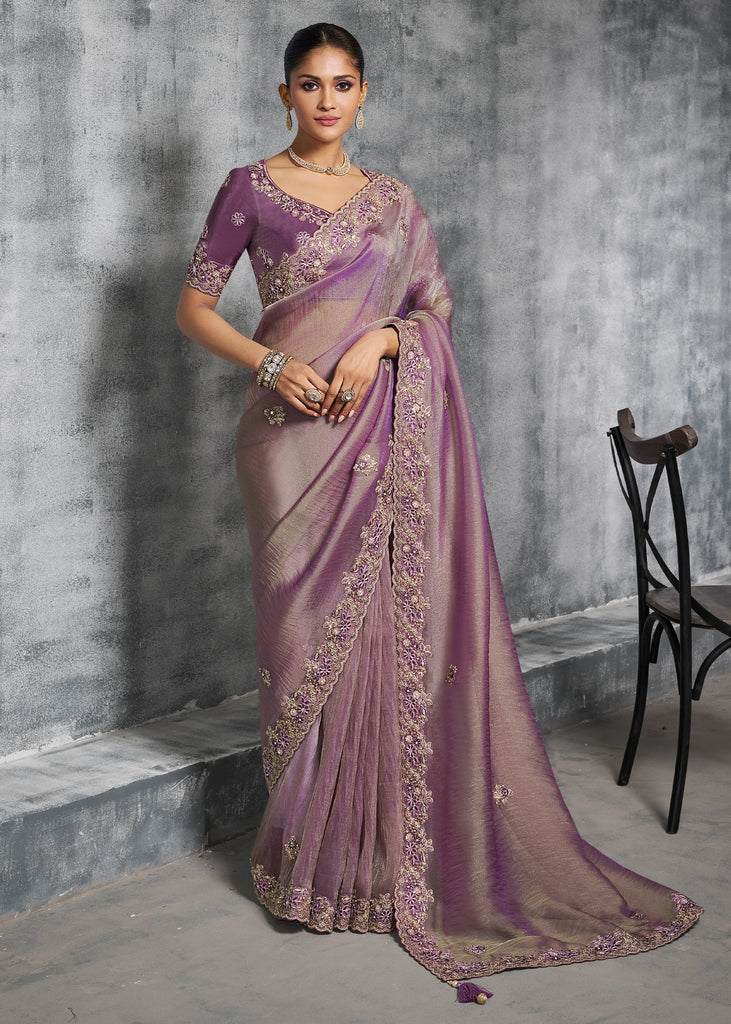 Regal Purple Embroidered Tissue Silk Saree