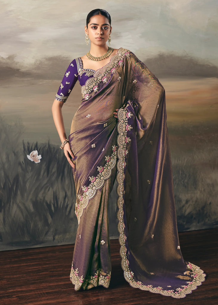 Golden Purple Tissue Embroidered Wedding Wear Saree