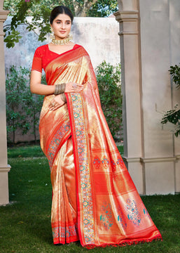 Sunset Orange Woven Kanjivaram Silk Saree