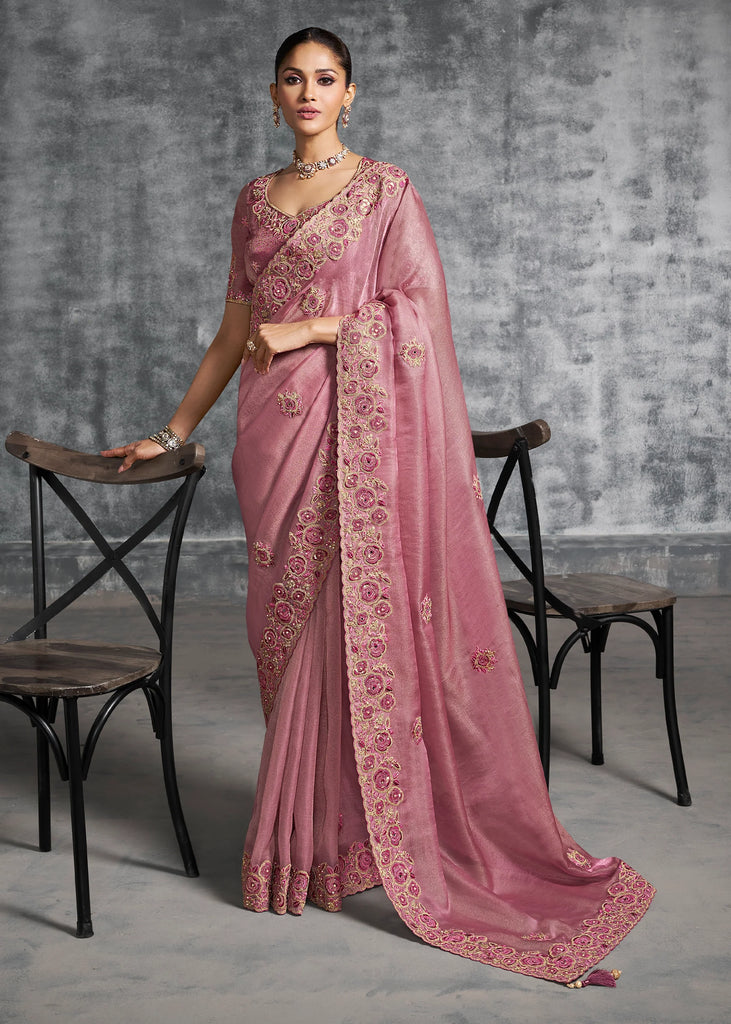 Rose Pink Embroidered Tissue Silk Saree
